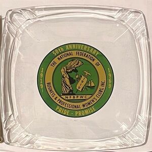 50th Anniversary 1919 (1969) Glass Ashtray with Green and Yellow Design 7"x 7"